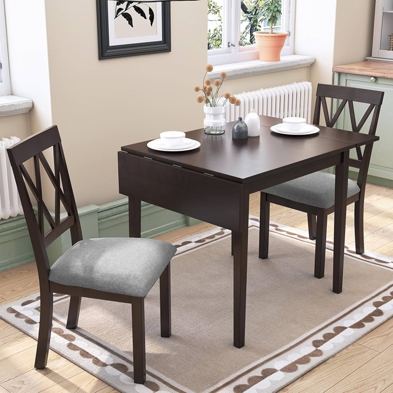 3-Piece Dining Set with Drop Leaf Table for Small Spaces