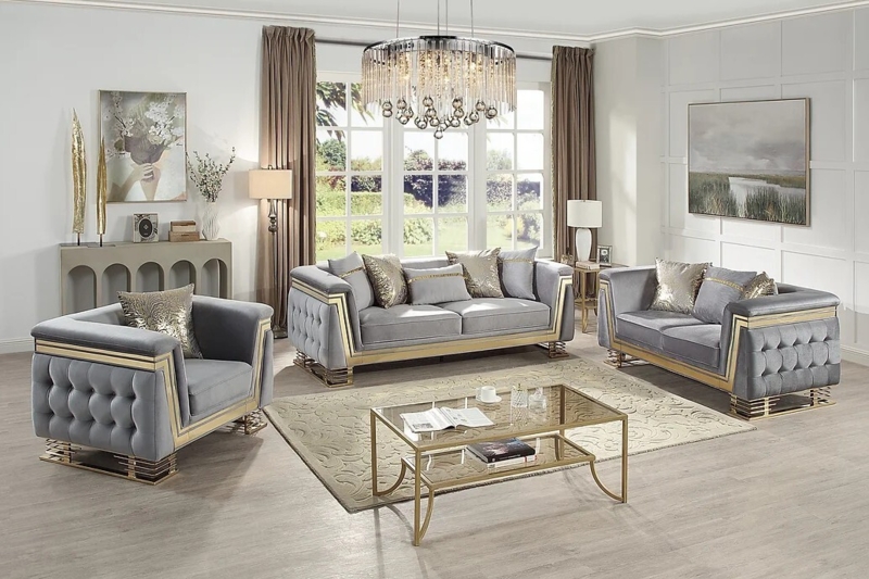 3-Piece Living Room Set Gray Velvet Channel Tufted Gold Legs
