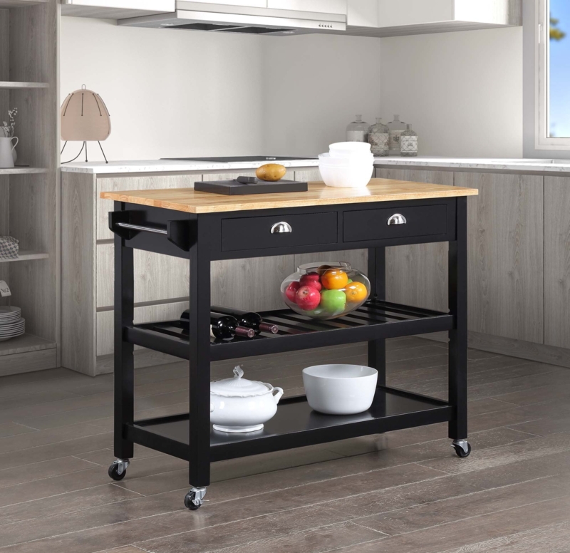 3-Tier Espresso Kitchen Cart with Butcher Block Top and Drawers