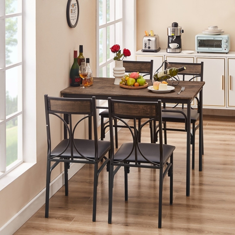 5-Piece Dining Set Dark Brown Arched Metal Backs Farmhouse Style
