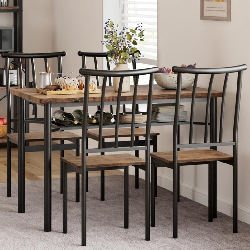 5-Piece Dining Set Industrial, Espresso Tuck Away Stools Storage