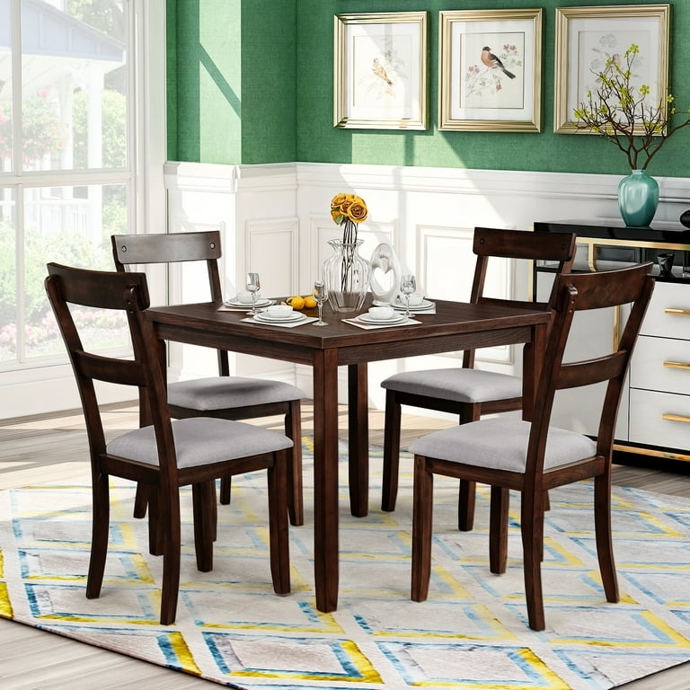 5-Piece Dining Set, Ladder Back & Beige Seats, Farmhouse