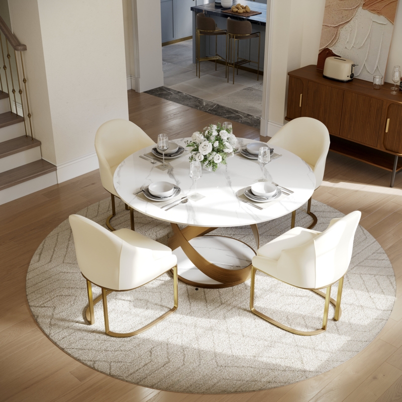 5-Piece Dining Set, Round Sintered Stone Table with Sculptural Base