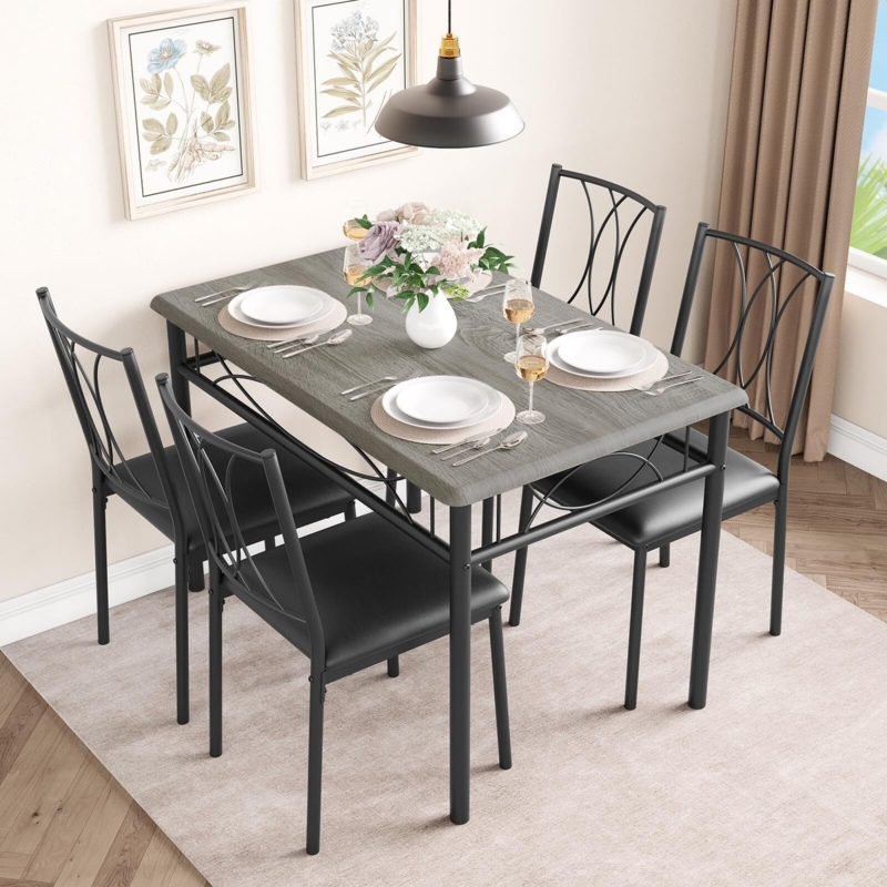 5-Piece Dining Set with Button Tufted Beige Chairs