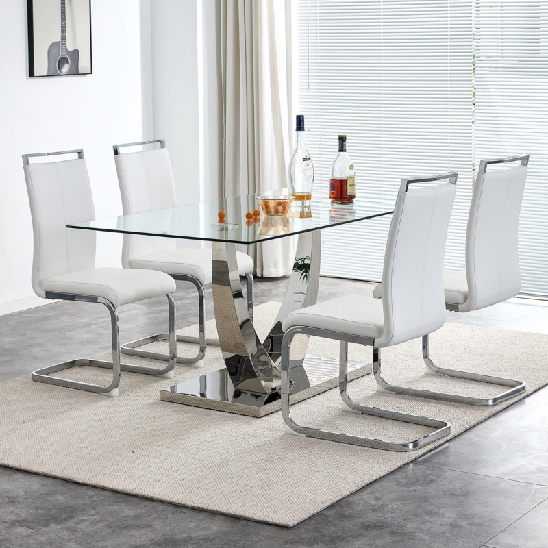 5-Piece Dining Set with Chrome U-Shaped Legs and White Sled Chairs