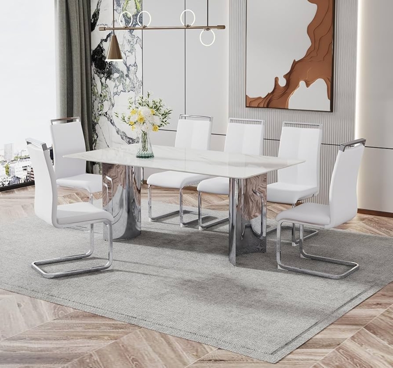 5-Piece Dining Set with Faux Marble Top and Chrome Sled Base Chairs