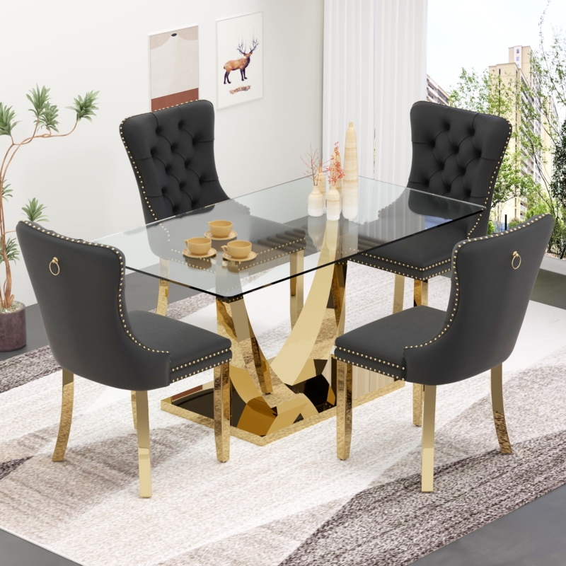 5-Piece Glass Dining Set with Black Diamond Tufted Velvet Chairs