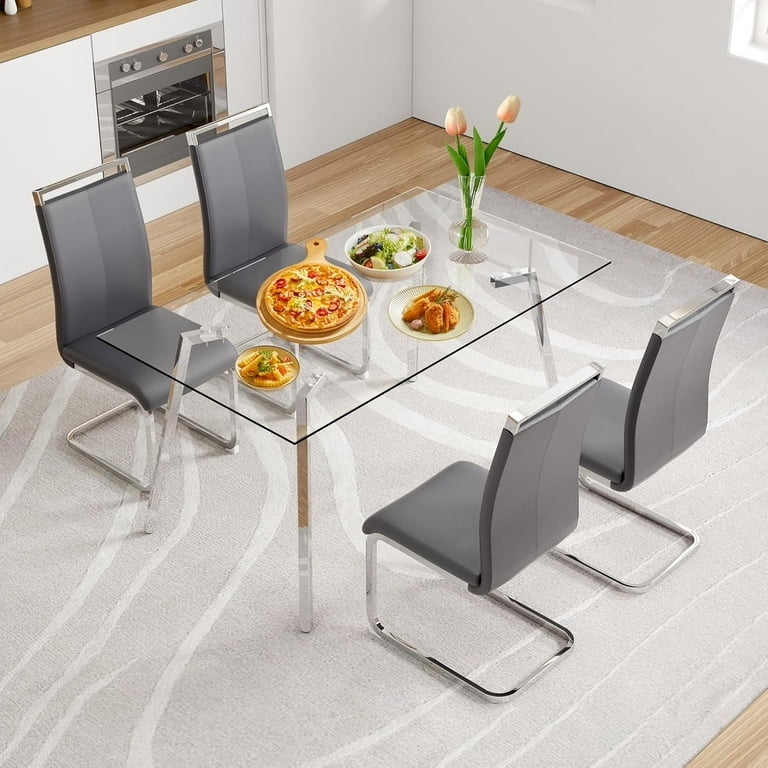 5-Piece Kitchen Table Set with Clear Top and Gray Upholstered Chairs