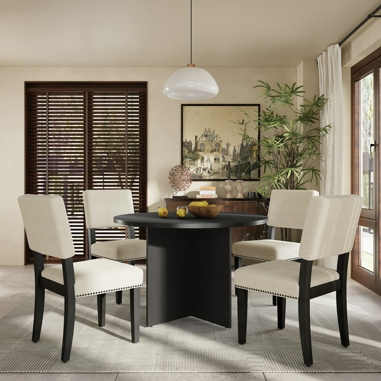 5-Piece Modern Round Dining Set with Black Pedestal Base