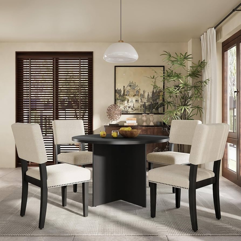 - 5-Piece Modern Round Dining Table Set with 4 Upholstered Dining  Chairs, Pedestal Kitchen Table Set for Studio, Apartment, Small Places  (Black/C) - Table & Chair Sets