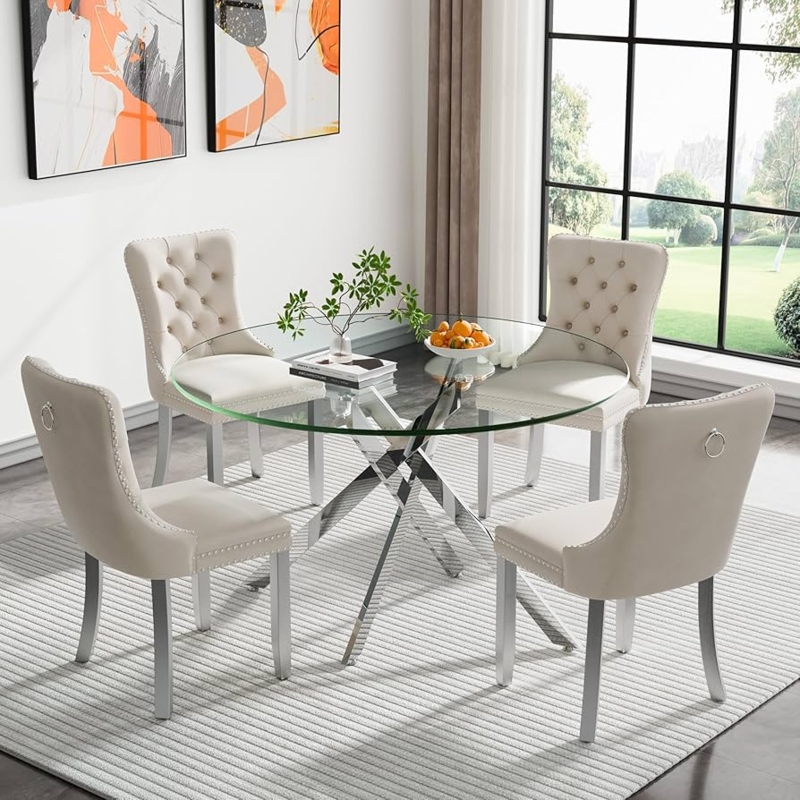 5-Piece Round Dining Set featuring Clear Top and Silver X-Base Chairs
