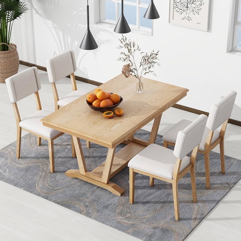 5-Piece Trestle Dining Set with Dark Wood Table and Button Tufted Chairs