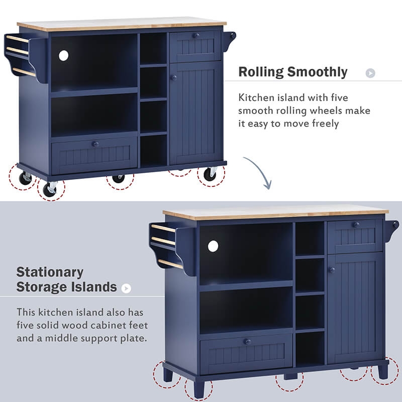 50.80 W Versatile Solid Wood Countertop Kitchen Island with Storage and Two Locking Wheels - Dark Blue