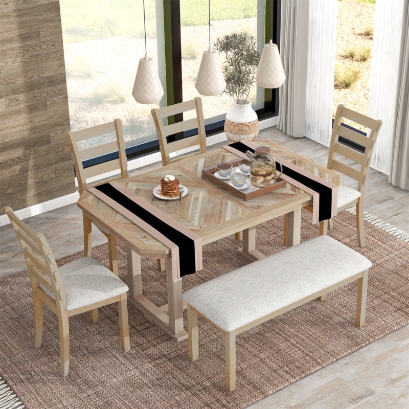 6-Piece Dining Set Natural Wood Wash Finish Upholstered Bench