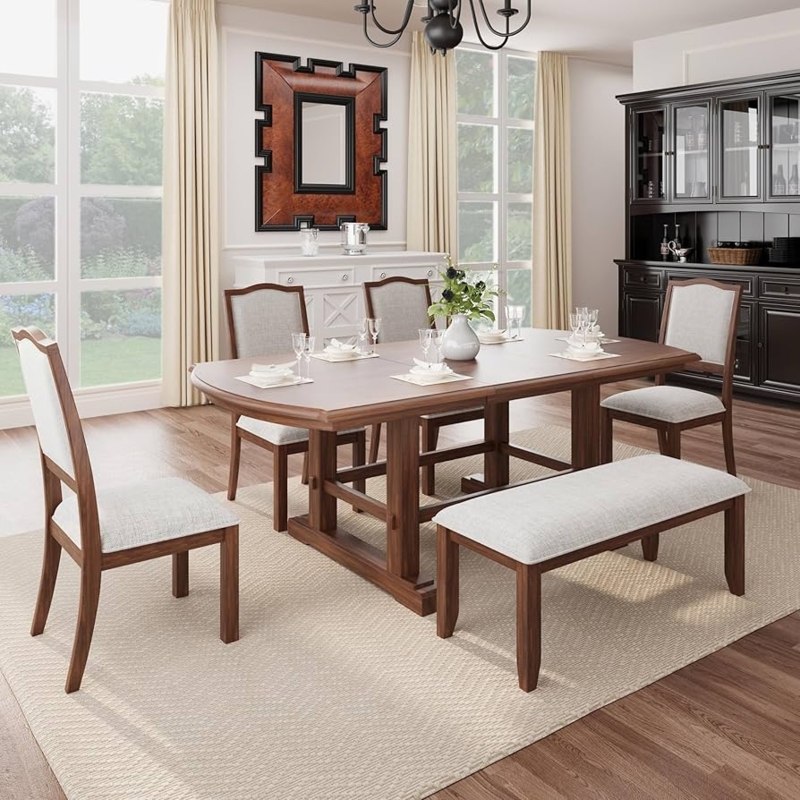 6-Piece Dining Set with Bench, Cherry Finish, Tapered Legs, Upholstered