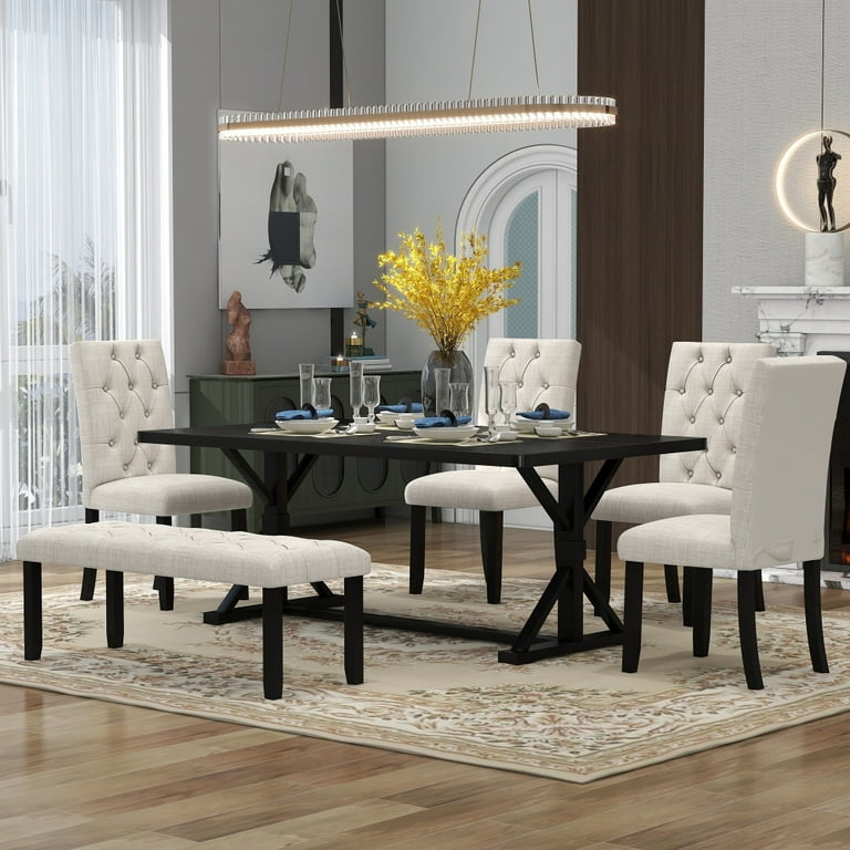 6-Piece Dining Set with Bench, Espresso Finish, Ladder-Back Chairs