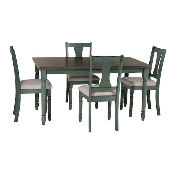 6-Piece Dining Set with Bench, Teal Blue Base, Dark Gray Wood Top