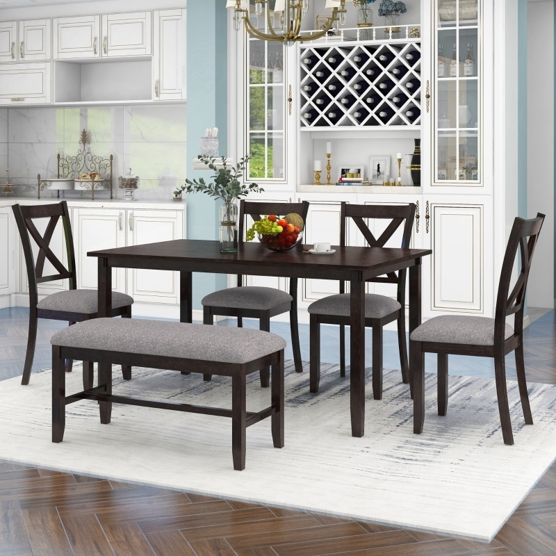 6-Piece Dining Set with Channel Tufted Chairs and Matching Bench