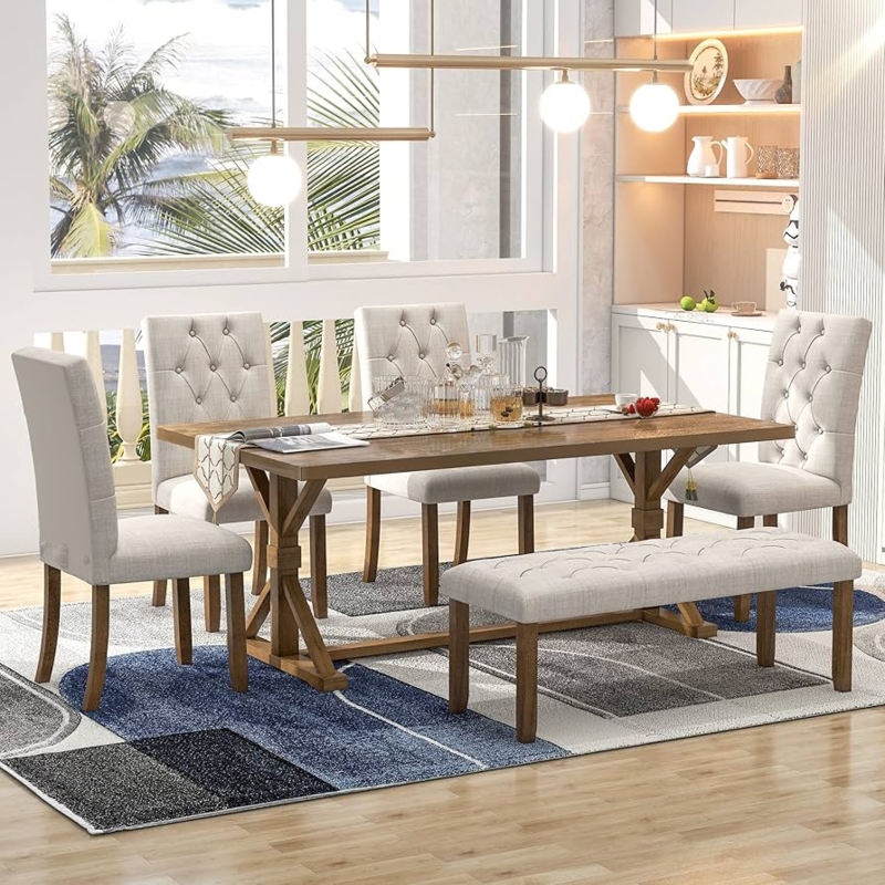 6-Piece Dining Set with Upholstered Bench, Dark Wood & Cream