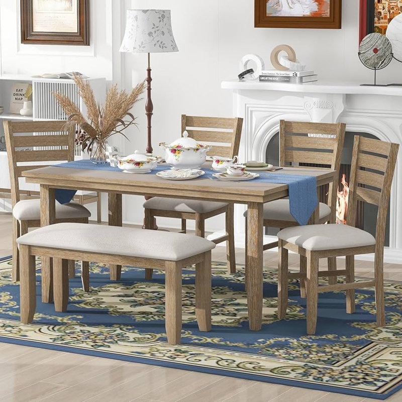 6-Piece Dining Table Set with Bench Seating, Natural Wood Farmhouse Style
