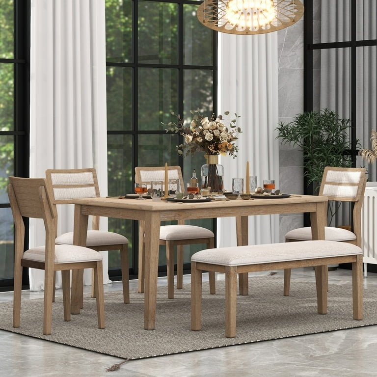6-Piece Dining Table Set with Upholstered Bench Grey Transitional