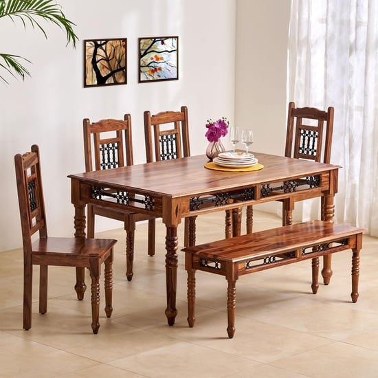 6-Piece Farmhouse Dining Set Dark Wood Table Bench Upholstered Chairs