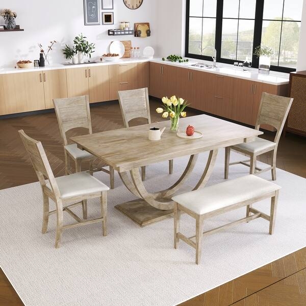 6-Piece Wood Kitchen Table Set with Upholstered Bench