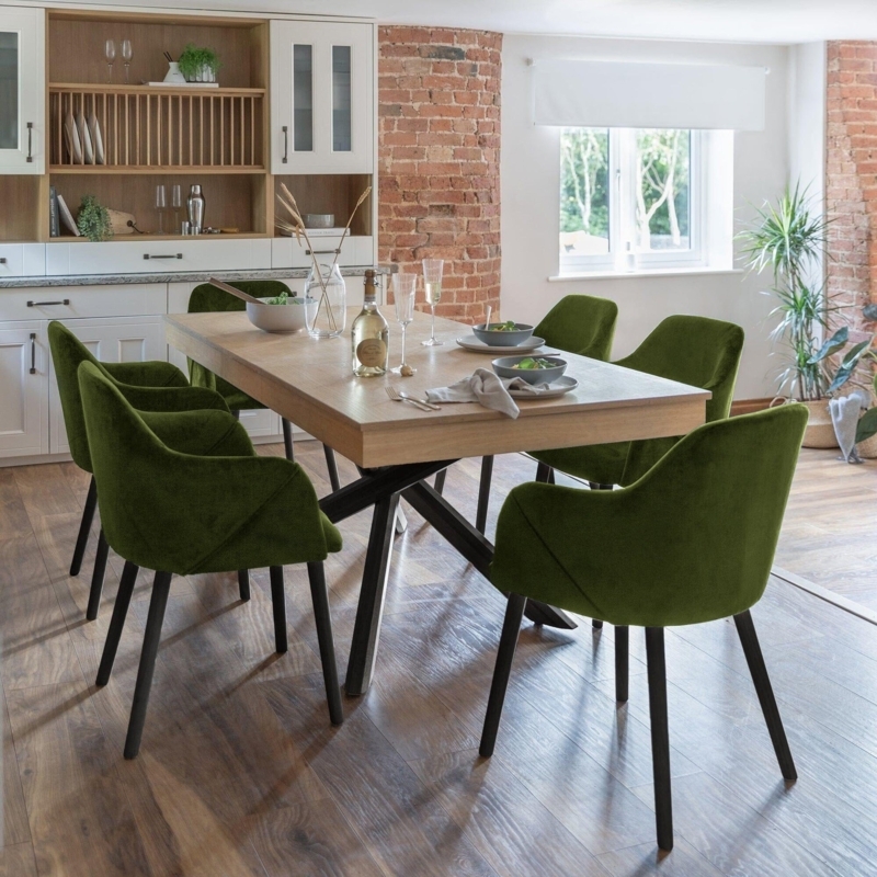 6-Seater Dining Set Whitewashed Table Fern Green Carver Chairs