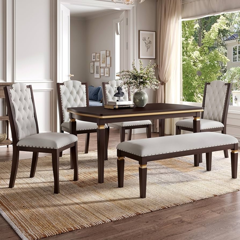 60 Inch Wooden Tabletop Dining Set High Back Chairs Bench