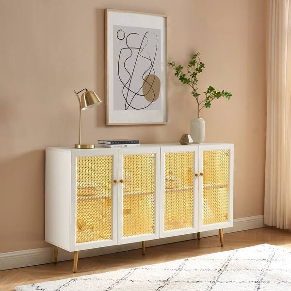 61.7''w Four Door Wood Buffets and Sideboards Storage Cabinet with LED Light - Black
