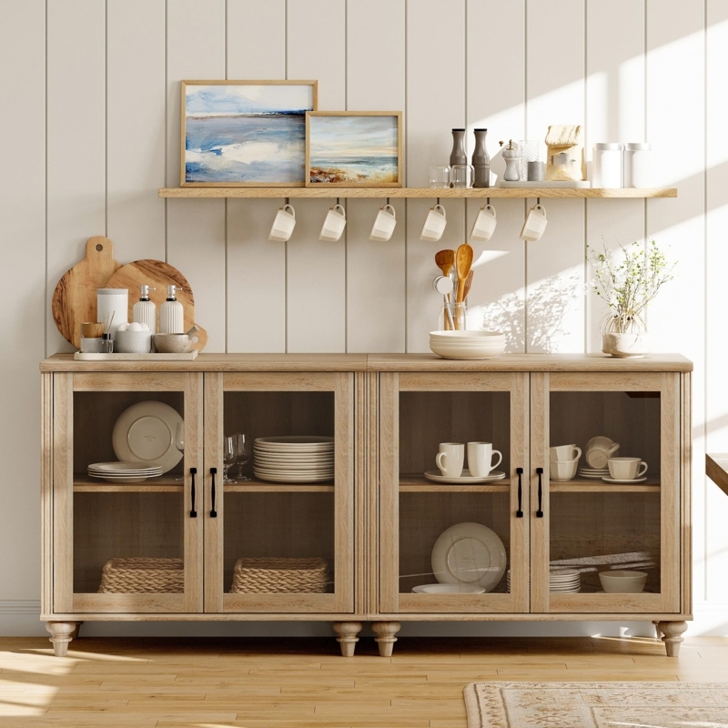68-Inch Light Oak Sideboard with Four Glass Doors