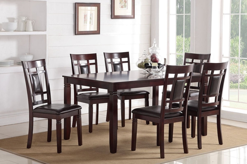 7-Piece Dining Set: Dark Wood Finish with High Contrast Beige Chairs