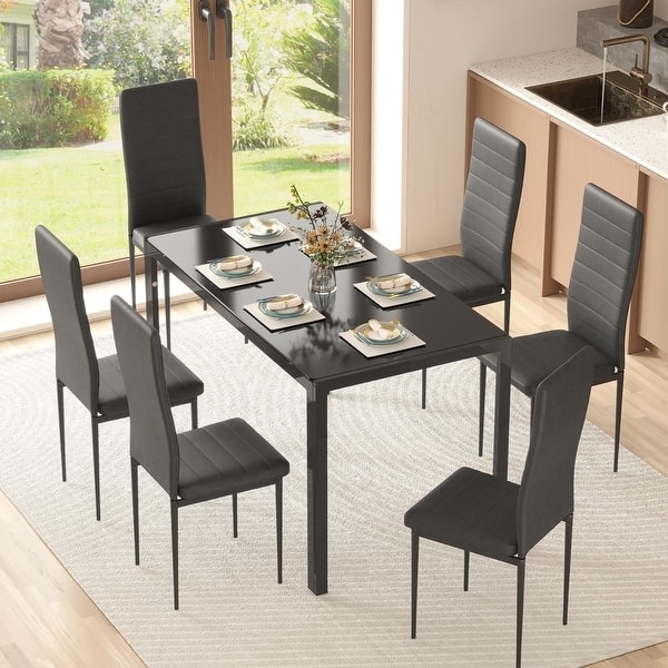 7-Piece Dining Set in Monochromatic Black with Slim Metal Legs