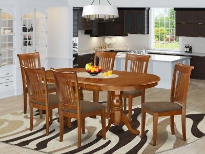 7-Piece Dining Set, Oval Table with Double Pedestal Base, Saddle Brown