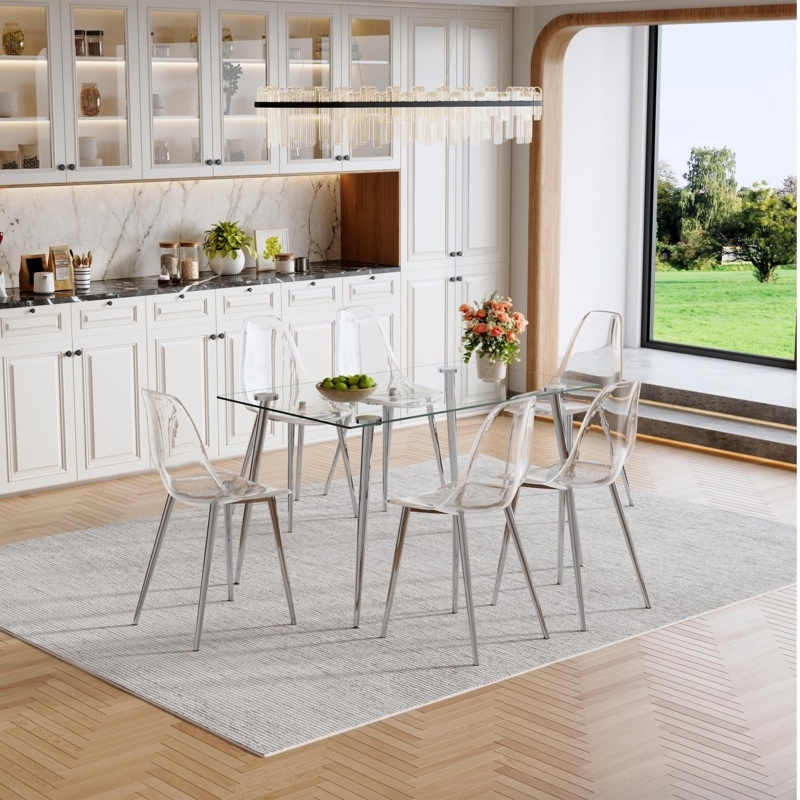 7-Piece Dining Set Tempered Glass Table and Six Transparent Acrylic Chairs