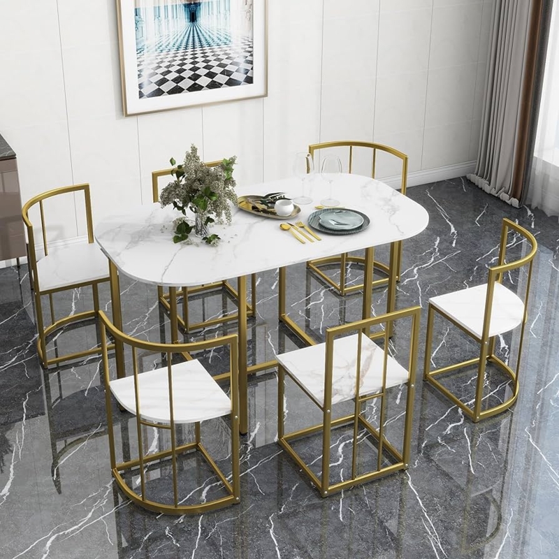 7-Piece Dining Set with Gold Metal Frames and Slatted Chairs