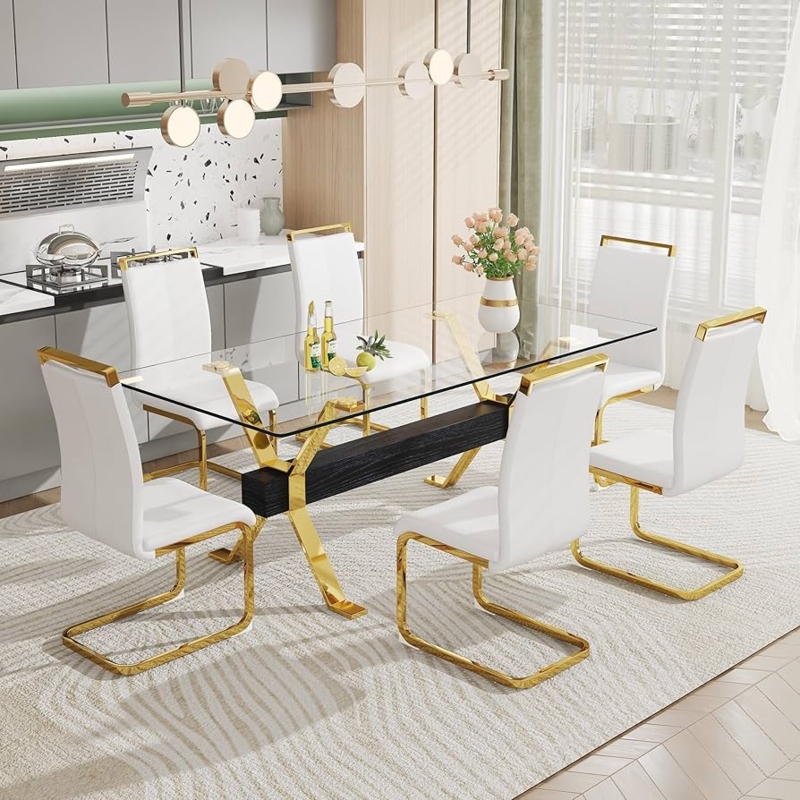 7-Piece Dining Set with Gold X-Base and White High-Back Chairs