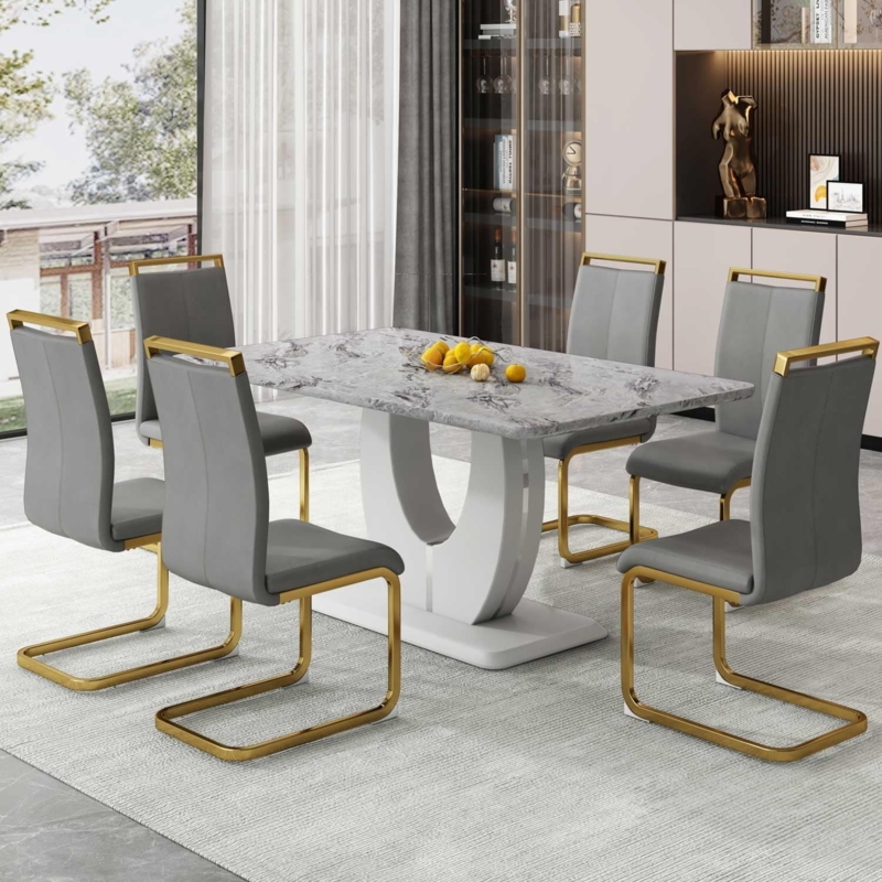 7-Piece Faux Marble Dining Set with Crossed Metal Base