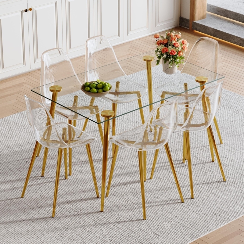 7-Piece Glass Dining Set with Rectangular Table and Gold Metal Legs