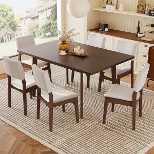7-Piece Walnut Dining Set with Grey Upholstered Chairs
