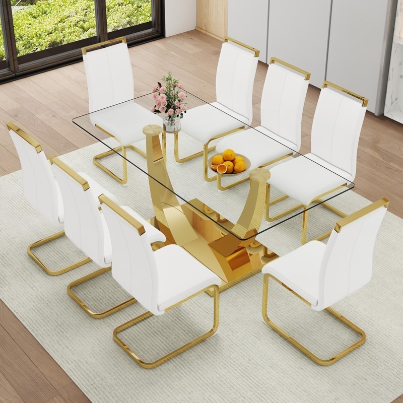8-Person Glass Dining Set with Polished Sled Base Chairs