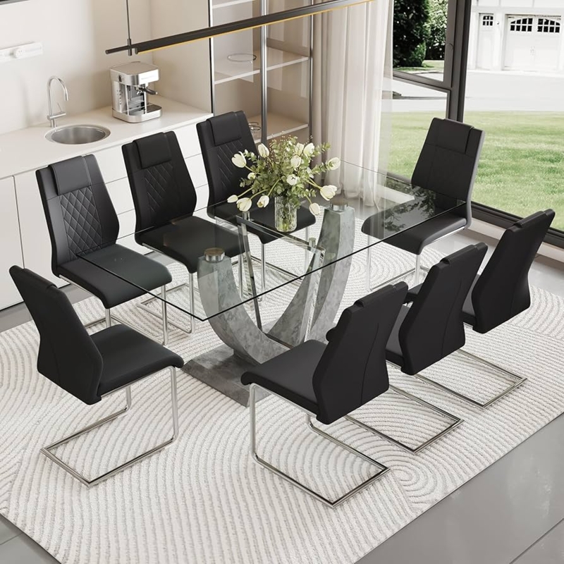 9-Piece Dining Set with Black Glass Top and Channel Tufted Chairs