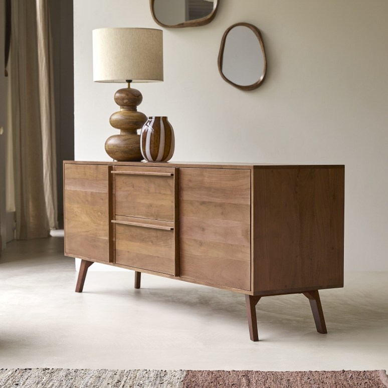 Acacia Wood Sideboard Buffet with Vertical Ribbed Front Doors