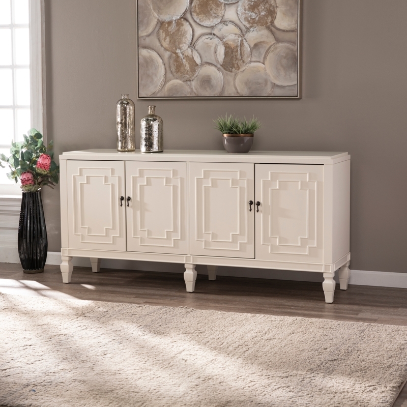 Accent Cabinet White Mirrored Storage with Geometric Fretwork Doors