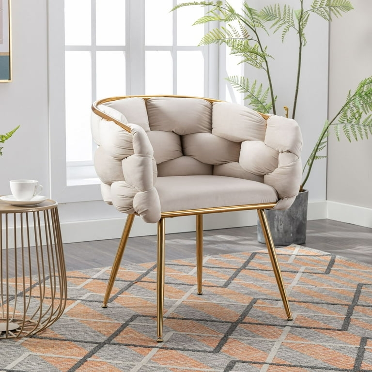 Accent Chair Beige Velvet Channel Tufting Gold Legs