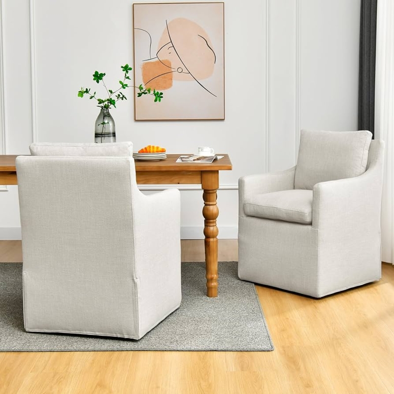 Accent Chair Cream Sloped Arms Linen Casters Set