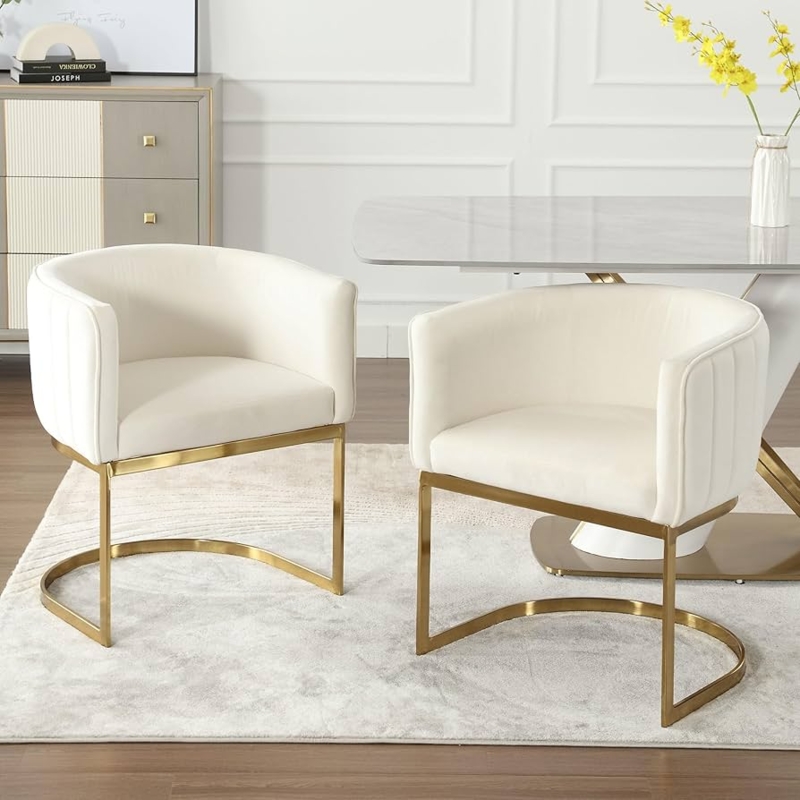 Accent Chair Cream Velvet Vertical Channel Tufted Gold Legs