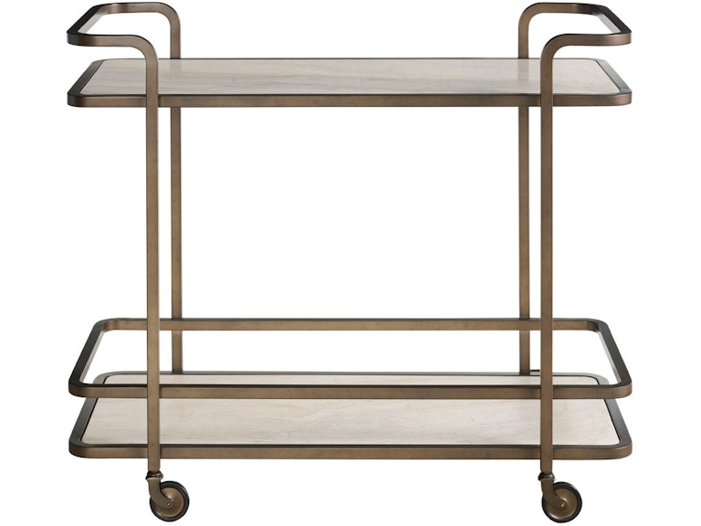 Aged Gold Bar Cart with Large Circular Frame and Glass Shelves