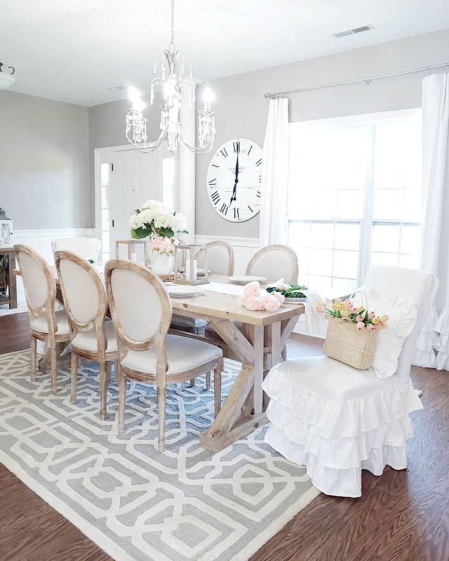 Airy French Country Pedestal Dining Table with Spindle Bench