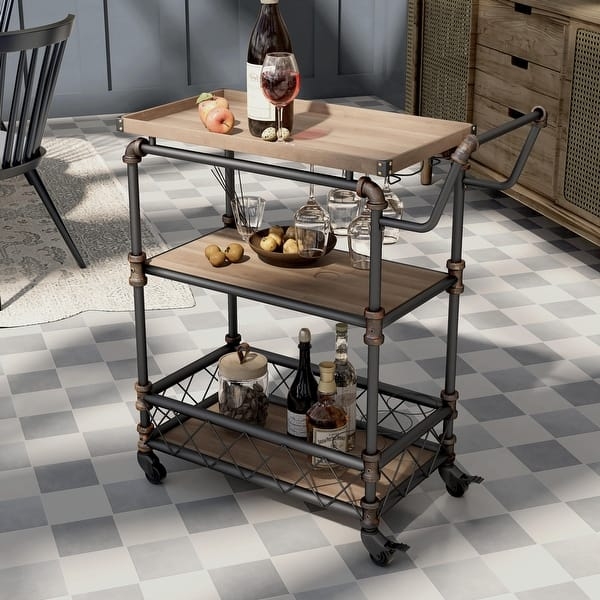 Antique Black Metal Serving Cart With X-Brace Supports, Two-Tier
